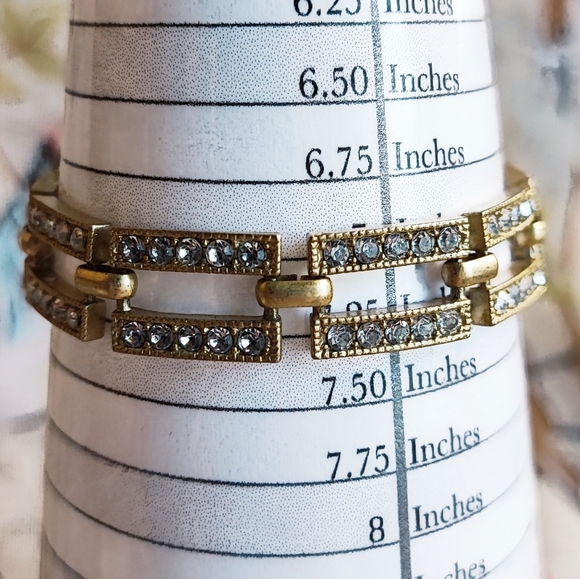 Unsigned Brass Tone Matte Clear Rhinestone Encrusted Rectangular Link Bracelet - Picture 2 of 14